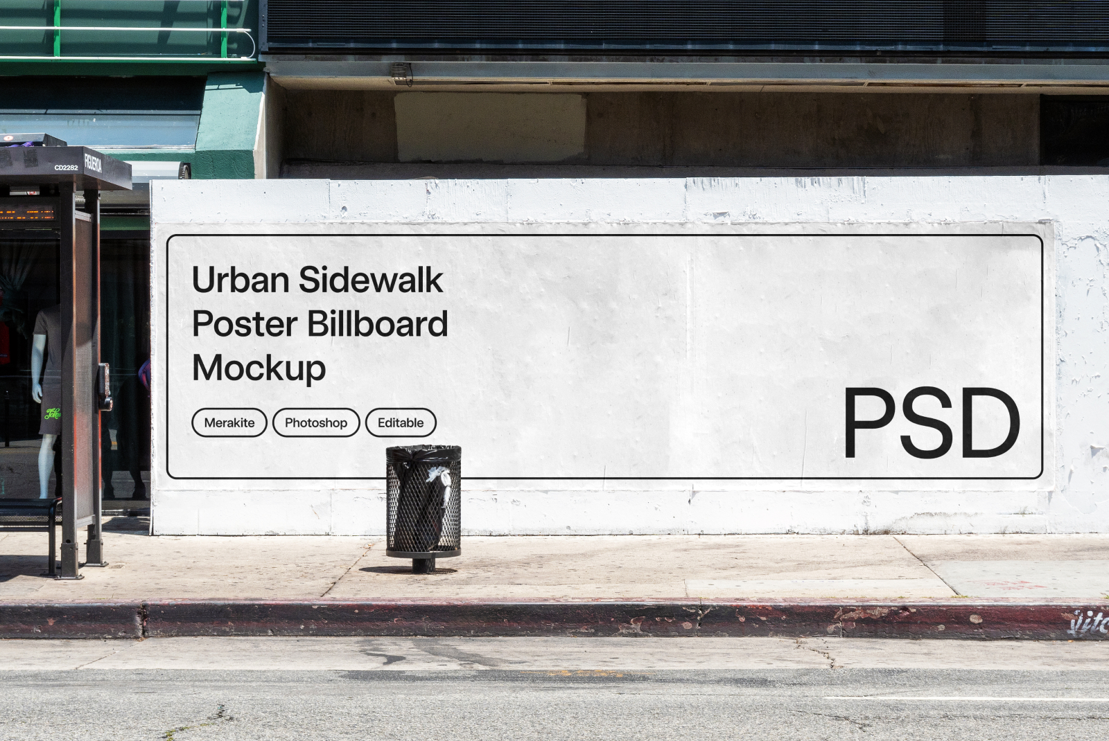 Editable urban sidewalk poster billboard mockup in PSD format for outdoor advertising design presentation.